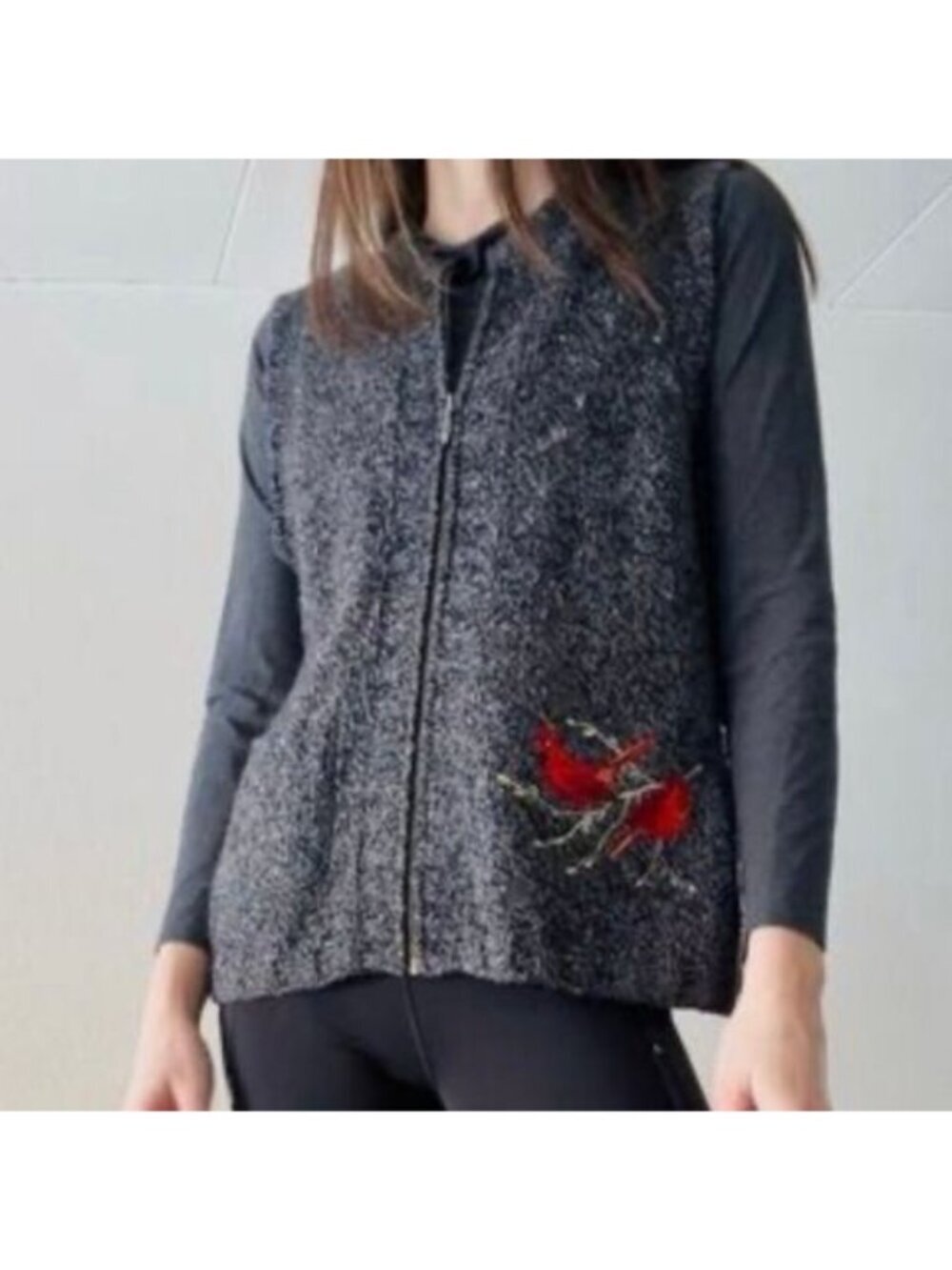 Woolrich Gray Knit Zip Up Cardinal Bird Wool Blend Vest Women’s L Petite